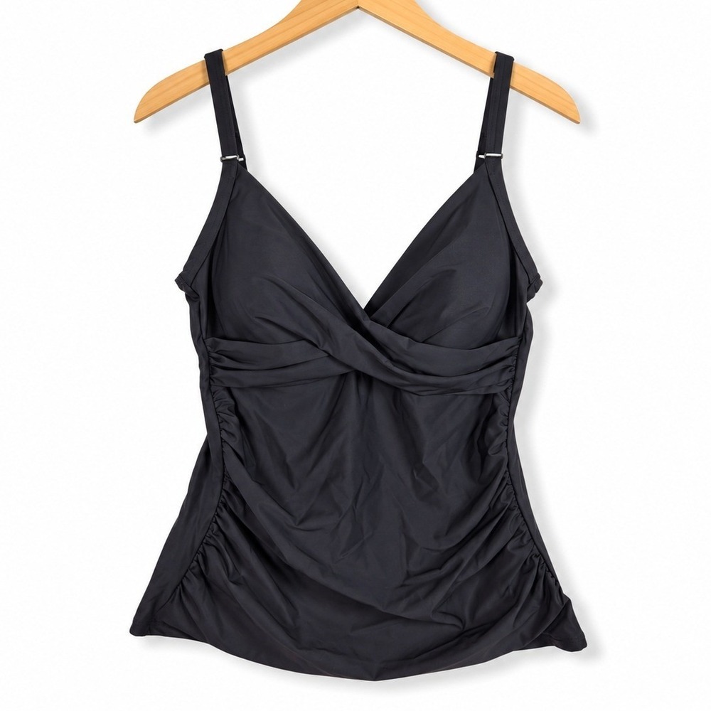DKNY Tankini Swim Top Womens Small Black Ruched Twist Front Solid Beachwear